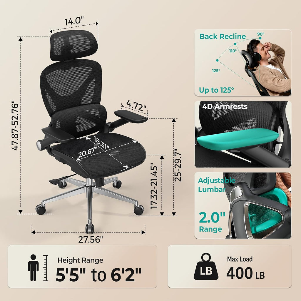Ergonomic Office Chair 400lbs Mesh Seat, High Back Adjustable Lumbar, 90/110/125°Backrest Lock, Flip-up Armrests, 3D