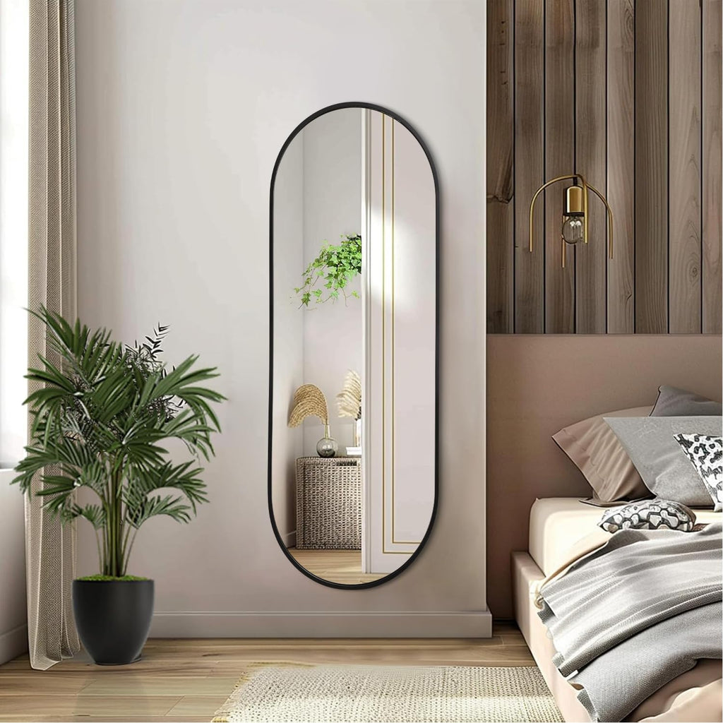 Black Oval Bathroom Full Length Mirror, 48x16'' Pill Shaped Oblong Vanity Wall Mirror, Metal Framed Capsule Aluminum