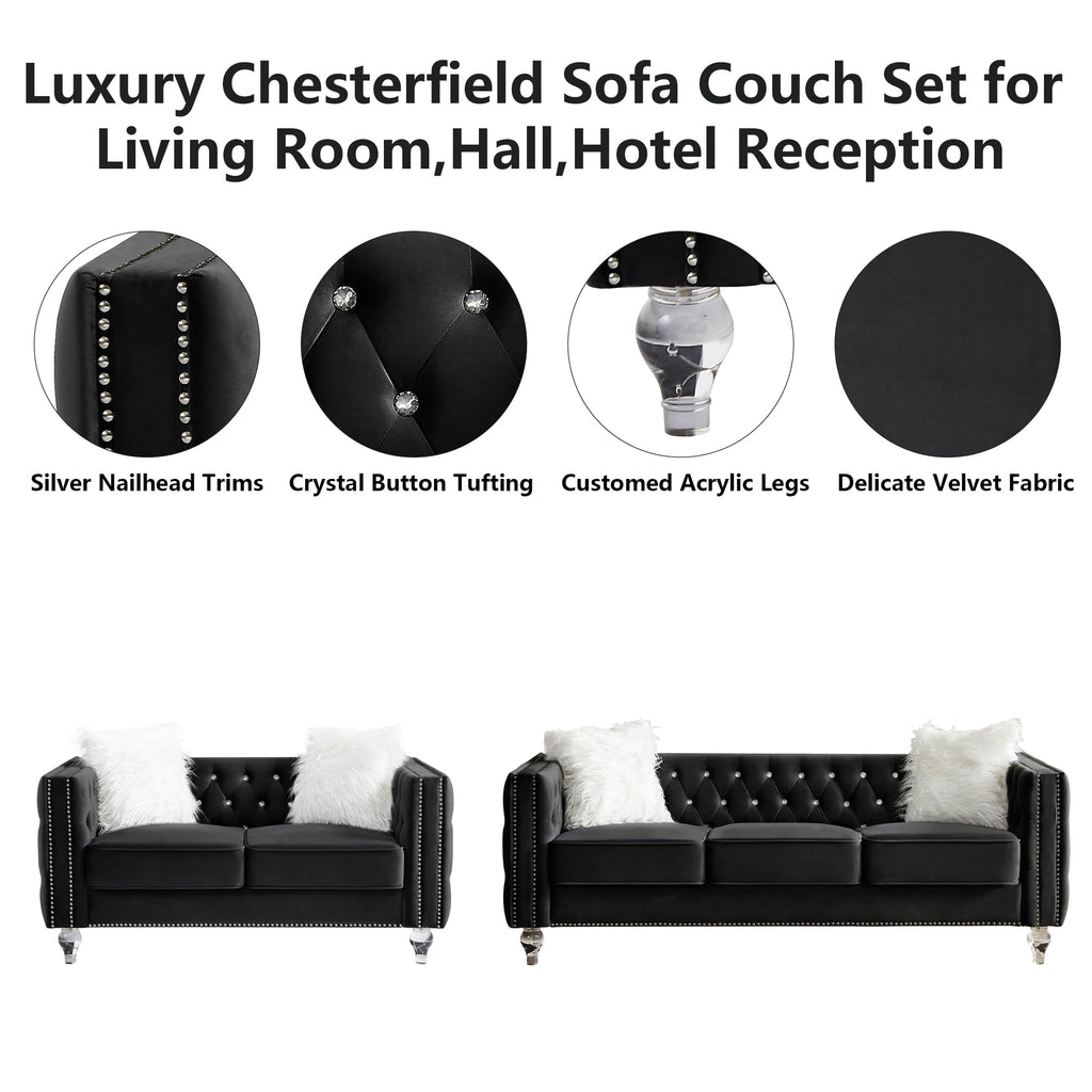 2 Piece Chesterfield Sofa Couch Set, Luxury Crystal Button Tufted Sofas with Silver Nailhead Trim Set of 2, Including