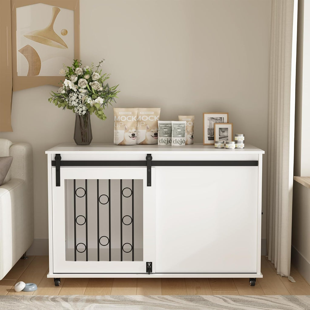 Modern Wooden Dog Crate Furniture with Sliding Barn Door and Side Door