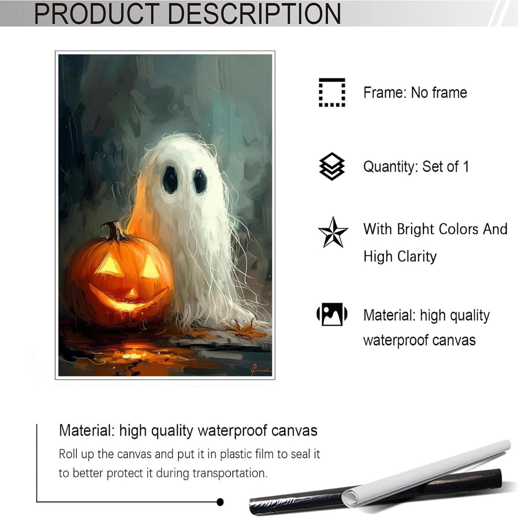 Retro Wild Spooky Ghost With Pumpkin Lantern Posters Cute Horror Scary Wall Art Eerie Forest Horror Ghost Plant
