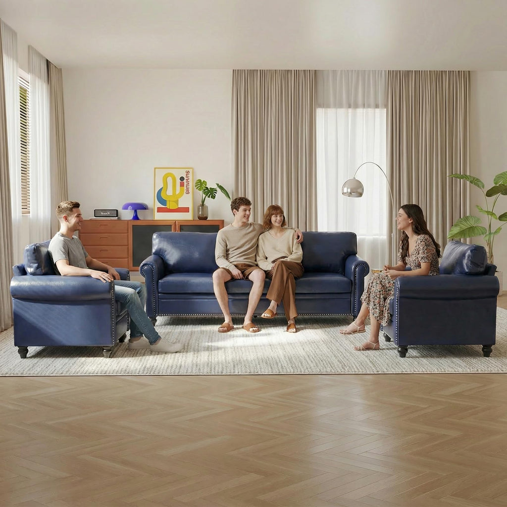 3 Piece Living Room Set, Chesterfield Sofa & 2 Accent Chairs, Faux Leather Couch Set with Nailhead Trim, Midcentury
