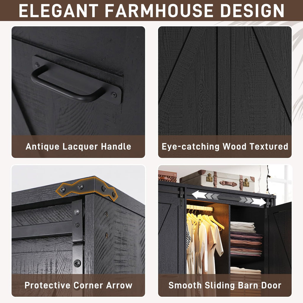 Farmhouse 4 Doors Armoire Wardrobe Closet w/Folding Sliding Barn Door and Lights, LED Armoire Closet w/Drawers