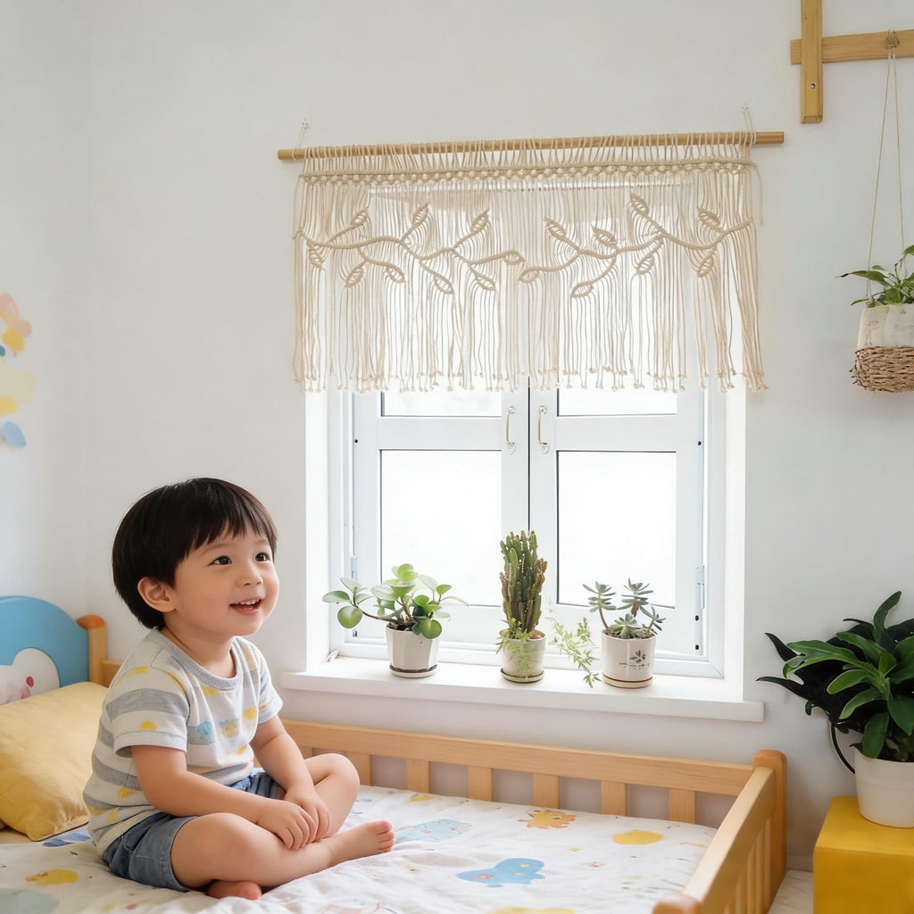 Macrame Valance Curtain for Kichen Windows 35.43*23.62Inch Farmhouse Boho Curtains Window Valance with Tassels Leaf