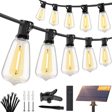 Solar String Lights Outdoor Waterproof with Remote, 36+2 Shatterproof ST38 LED Bulbs, Dimmable Patio Lights