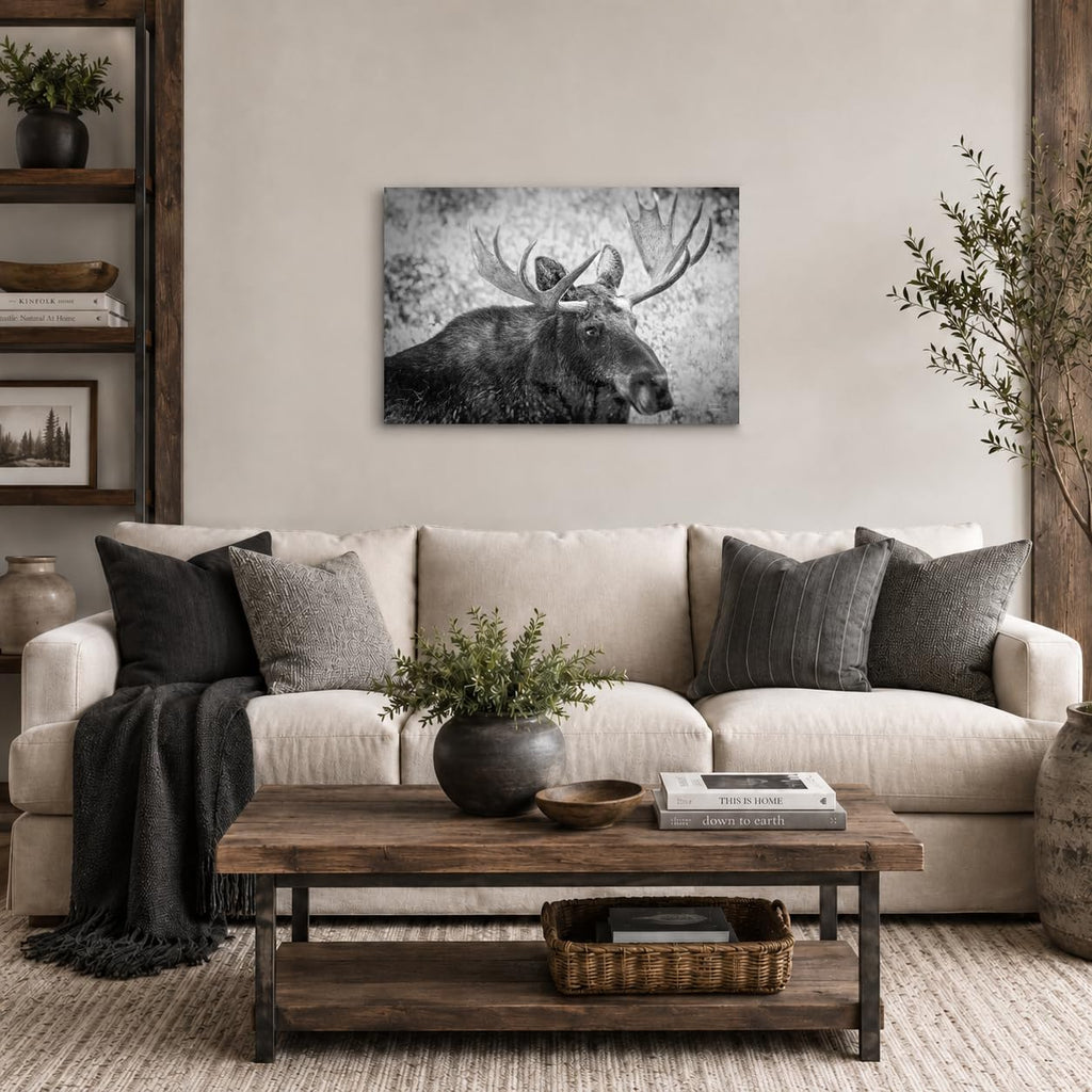 Black and White Moose Wall Art Large Wildlife Canvas Print Rustic Cabin Lodge Decor Giclee Moose Picture Bedroom