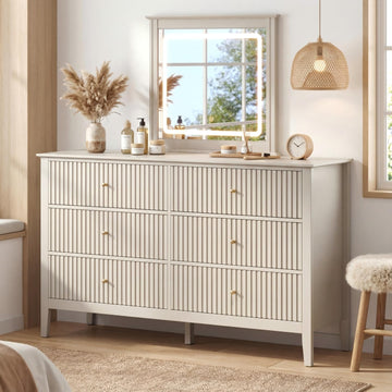6 Drawer Dresser with Lighted Mirror, Beige Fluted Modern Wood Chest of Drawers, Long Dresser Storage