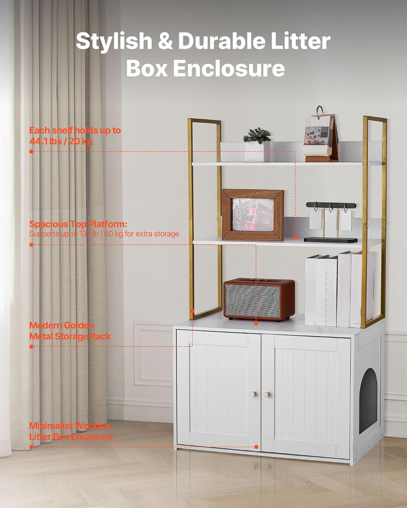 Cat Litter Box Enclosure Furniture, 27.6 in Hidden Litter Box Cabinet with Metal Legs & 2-Tier Storage Shelves