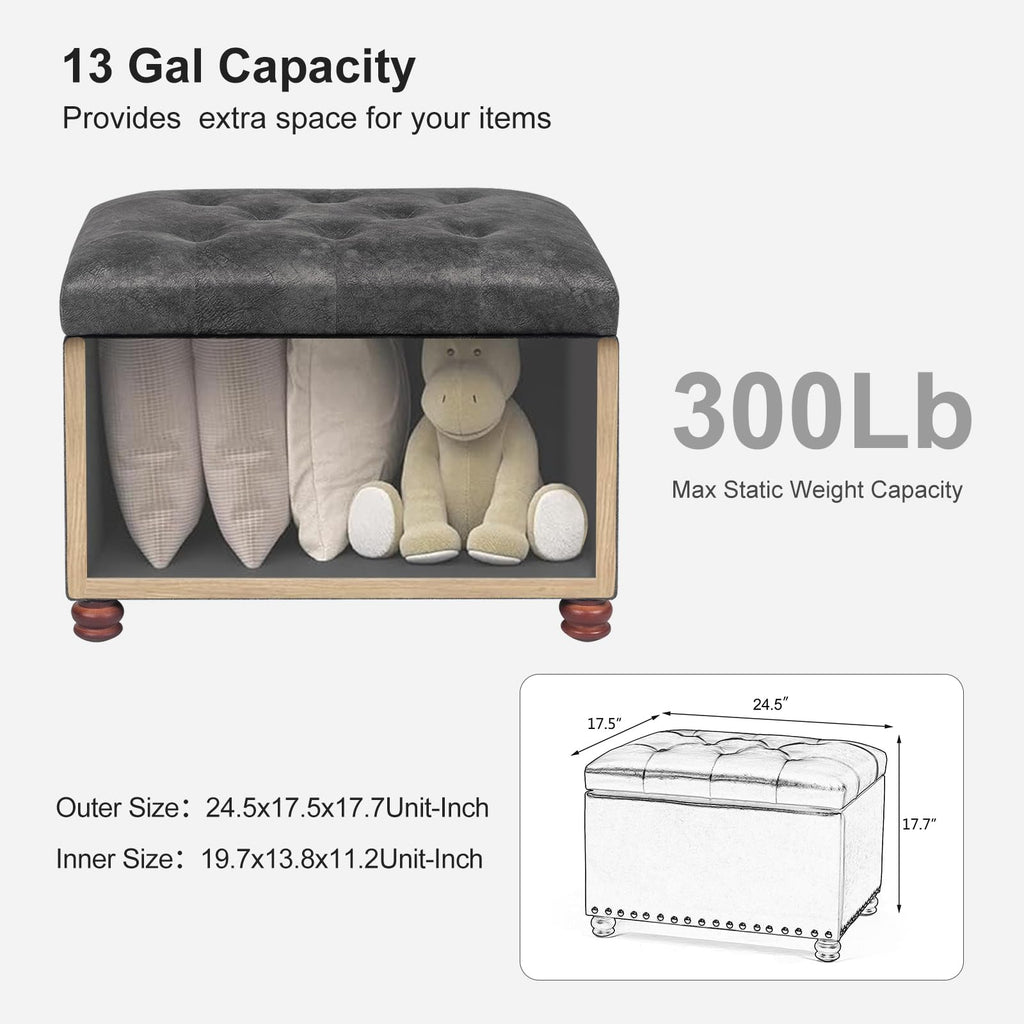 24'' Ottoman with Storage, Upholstered Storage Ottoman Stool, Velvet Tufted Cube Footstools Small, Hinged Foot Rest