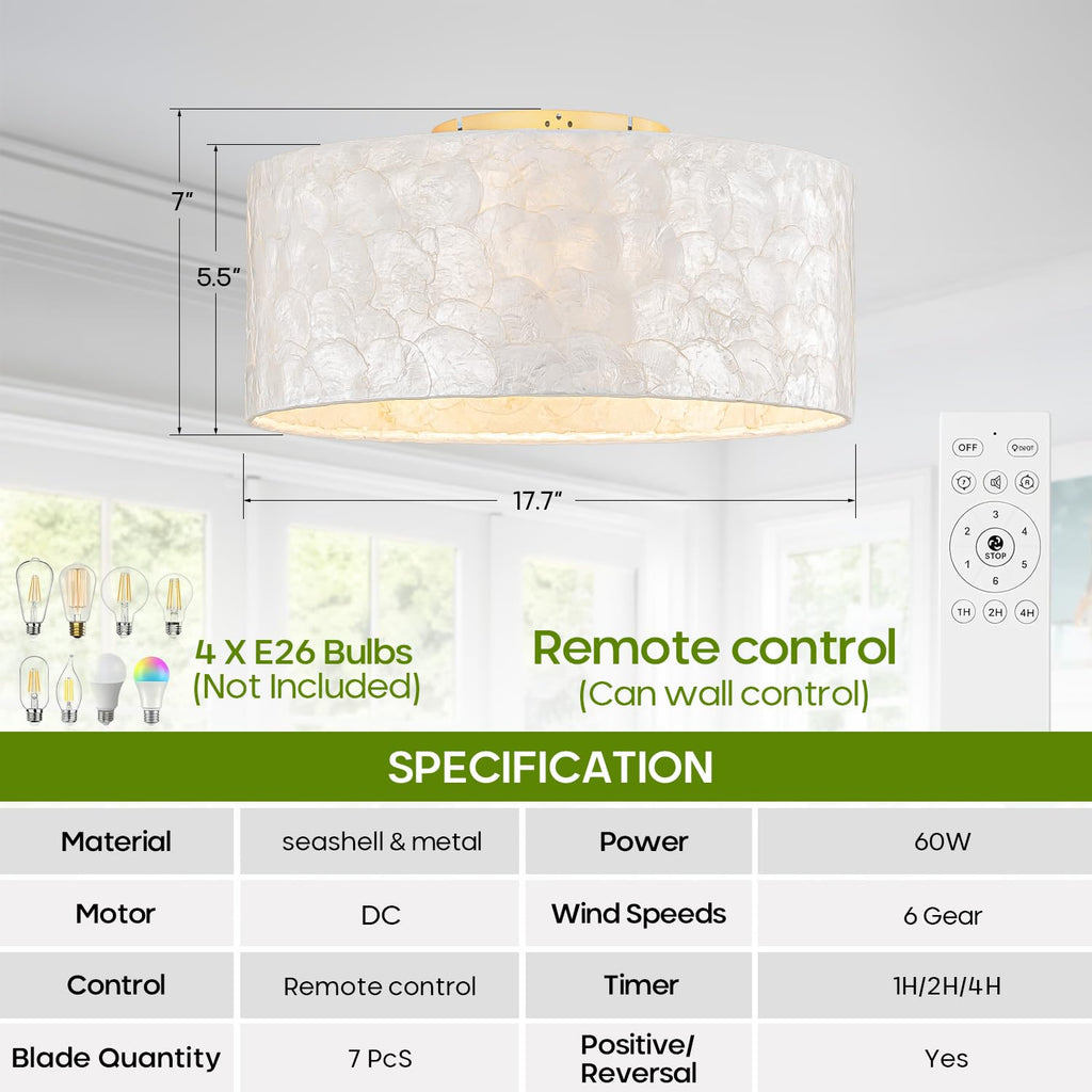 Boho Coastal Ceiling Fan with Light and Remote, Shell Shade