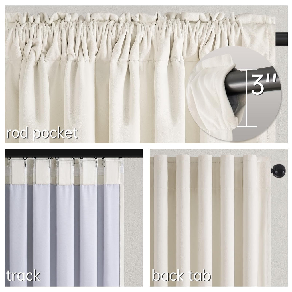 Ivory 100% Blackout Velvet Curtains 108 Inches Long 2 Panels with Hooks Luxury Velvet Black Out Thermal Insulated