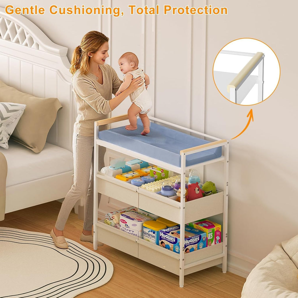 Baby Changing Table with Safety Bumper, Sturdy Diaper Change Station with Adjustable Devider in Large Storage Bin
