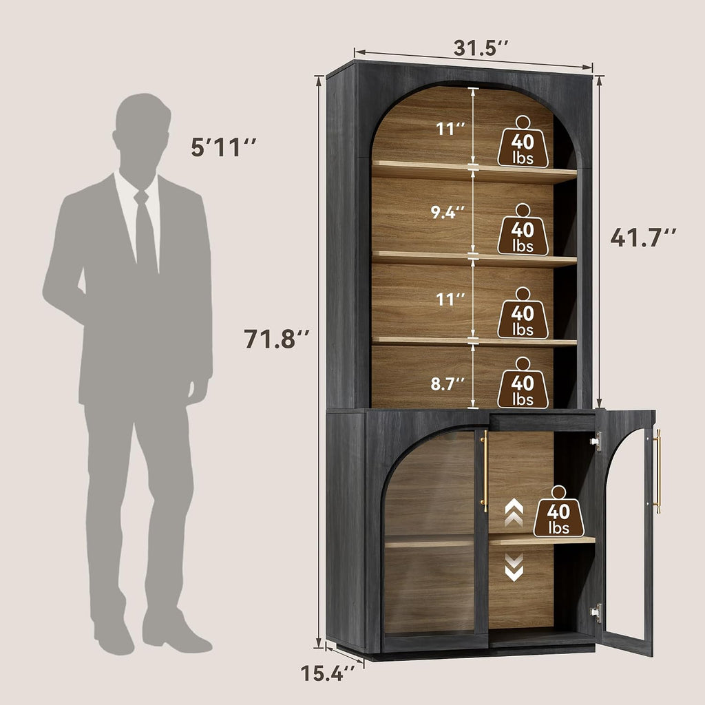 72'' Tall Arched Bookshelf with Glass Doors, 6 Tier Bookcase | Mid-Century Modern Display Cabinet, Modular Accent