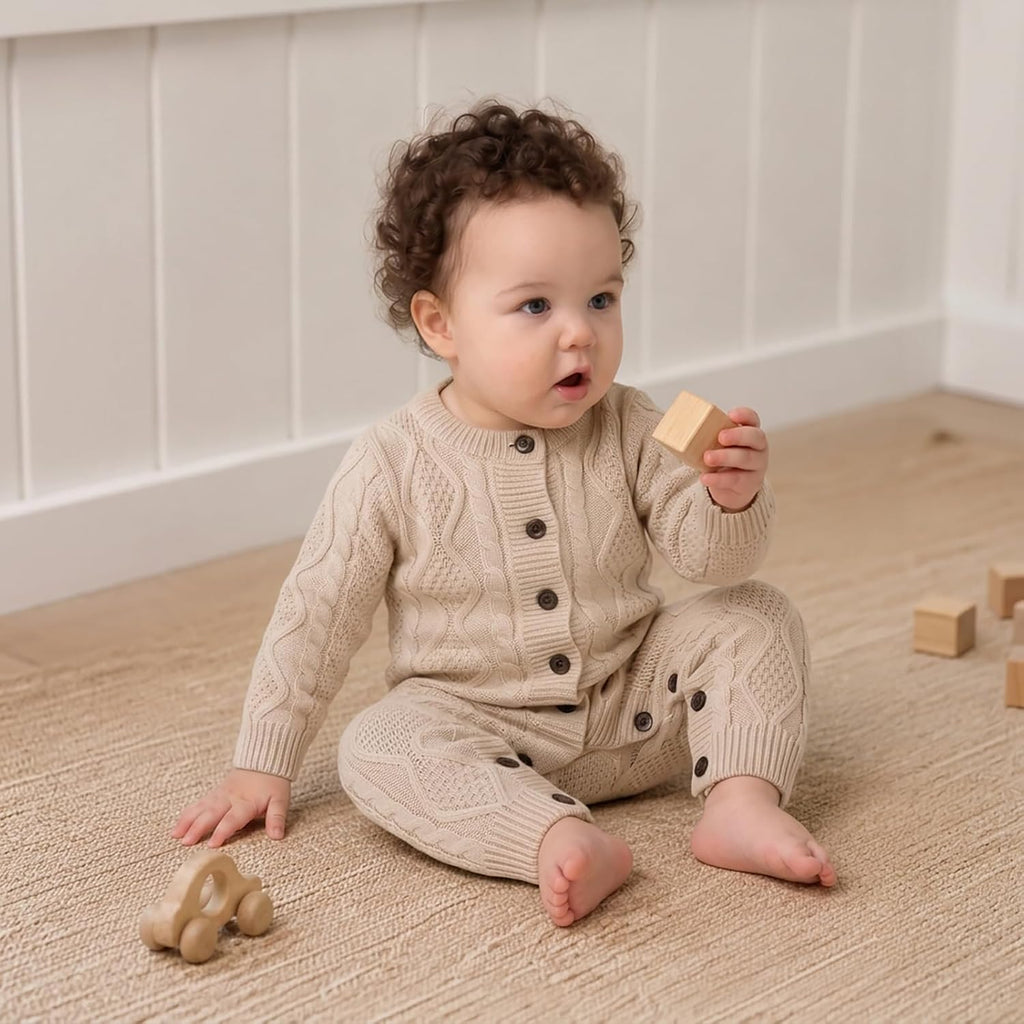 Baby Knit Sweater Romper Infant Long Sleeve Ribbed Outfit Clothes for Boys Girls with Beanie Hat Set