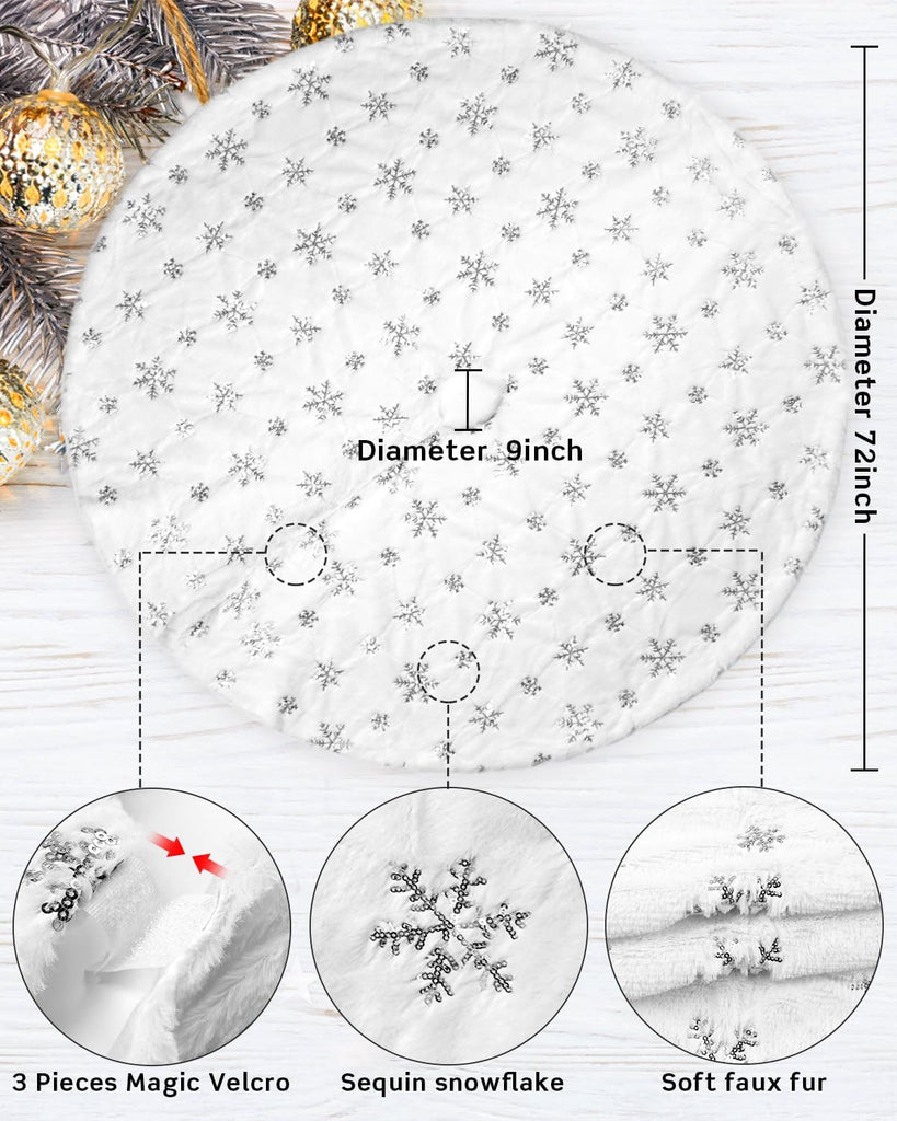 72 Inches Faux Fur Christmas Tree Skirt, Silver Sequin Snowflake