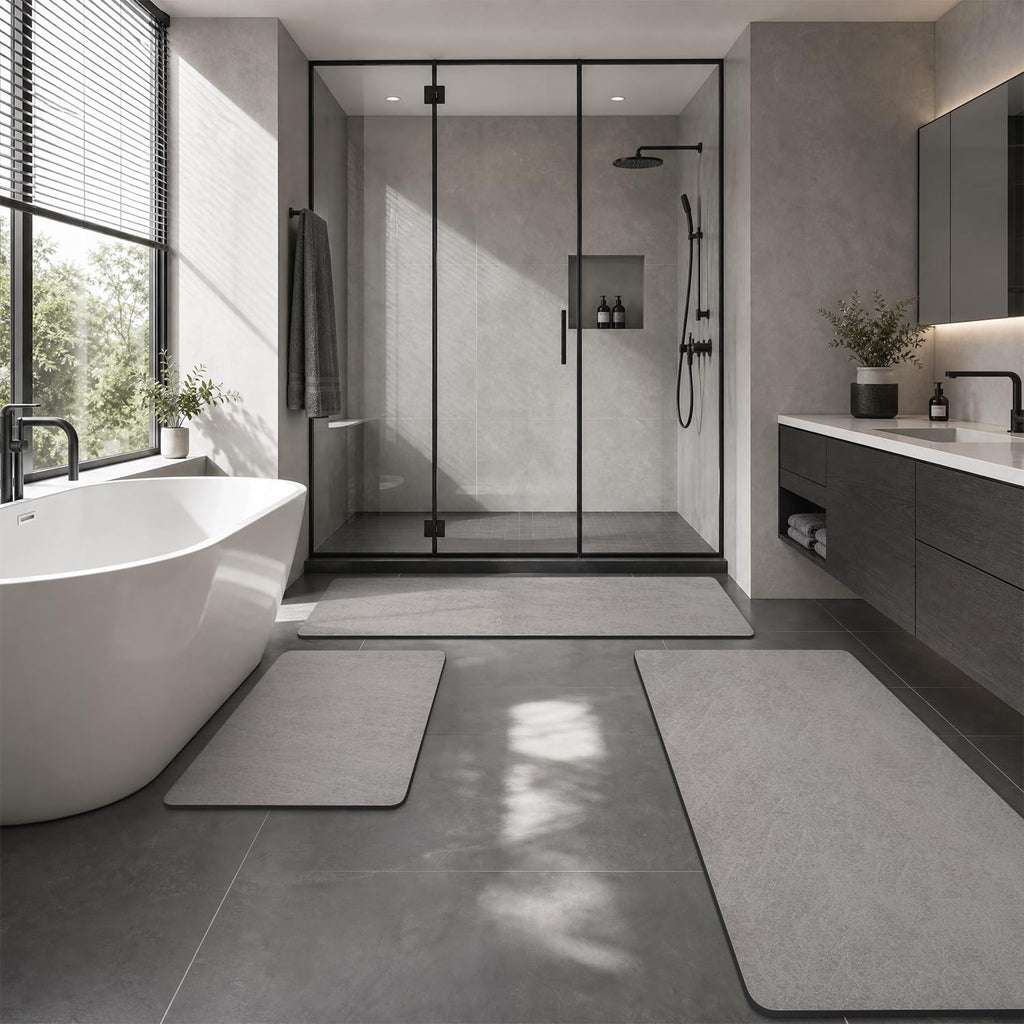 Bath Mat-Rubber Backing Non SlipTh Rugs Fit Under Door- Quick Dry Absorbent Faux Suede Surface Grey Bathroom Floor
