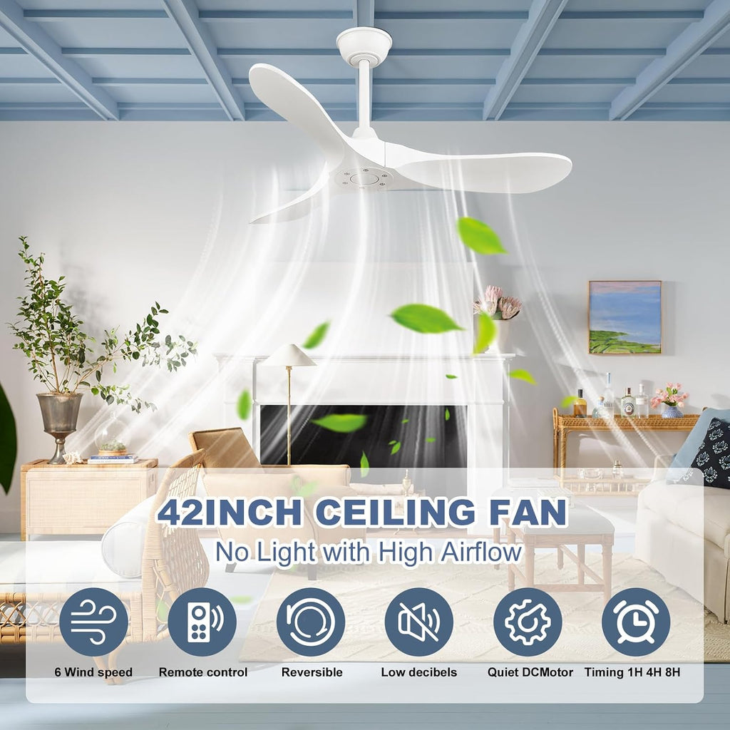 42 Inch Solid Wood Ceiling Fan with Remote, White, No Light, 6-Speed Reversible DC Motor, Indoor/Outdoor