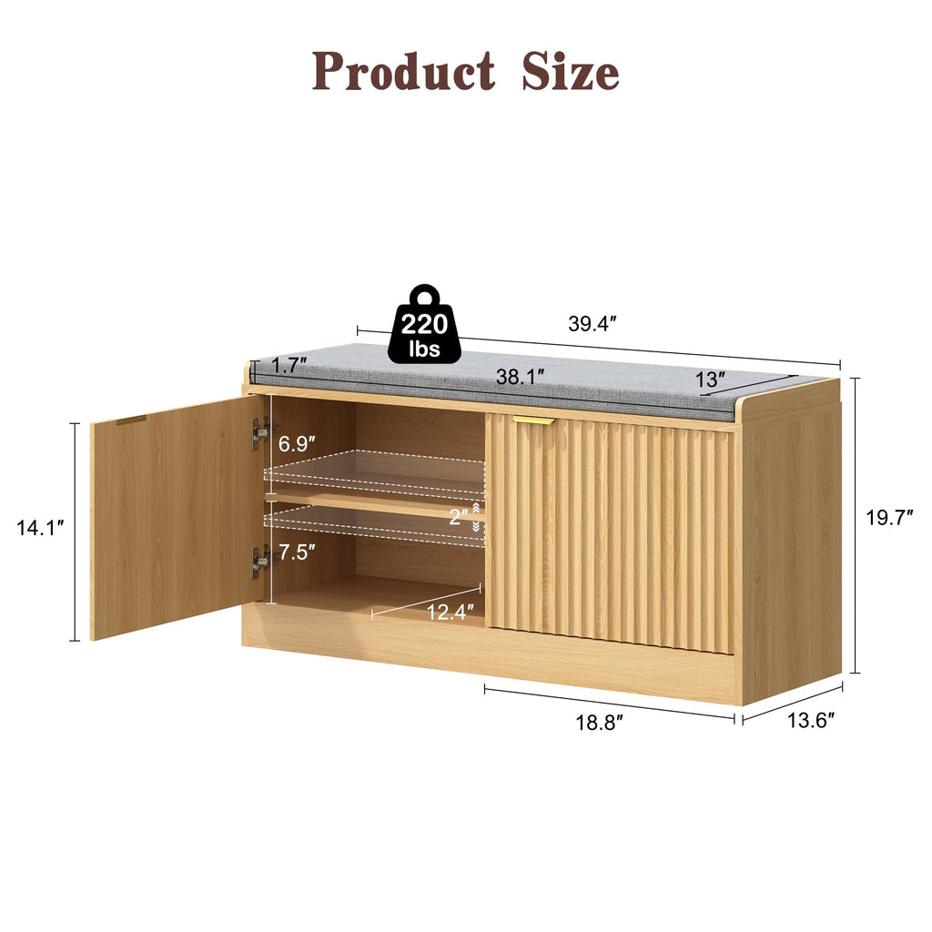 2-Tier Fluted Shoe Storage Bench with Adjustable Shelves and Cushion, Oak丨Entryway Shoe Bench Hidden Shoe Cabinet