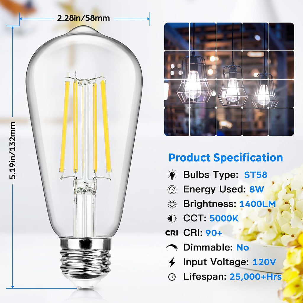4-Pack Vintage E26 LED Edison Bulbs 100W Equivalent 1400LM High Brightness 8W ST58 LED Filament Light Bulbs 5000K