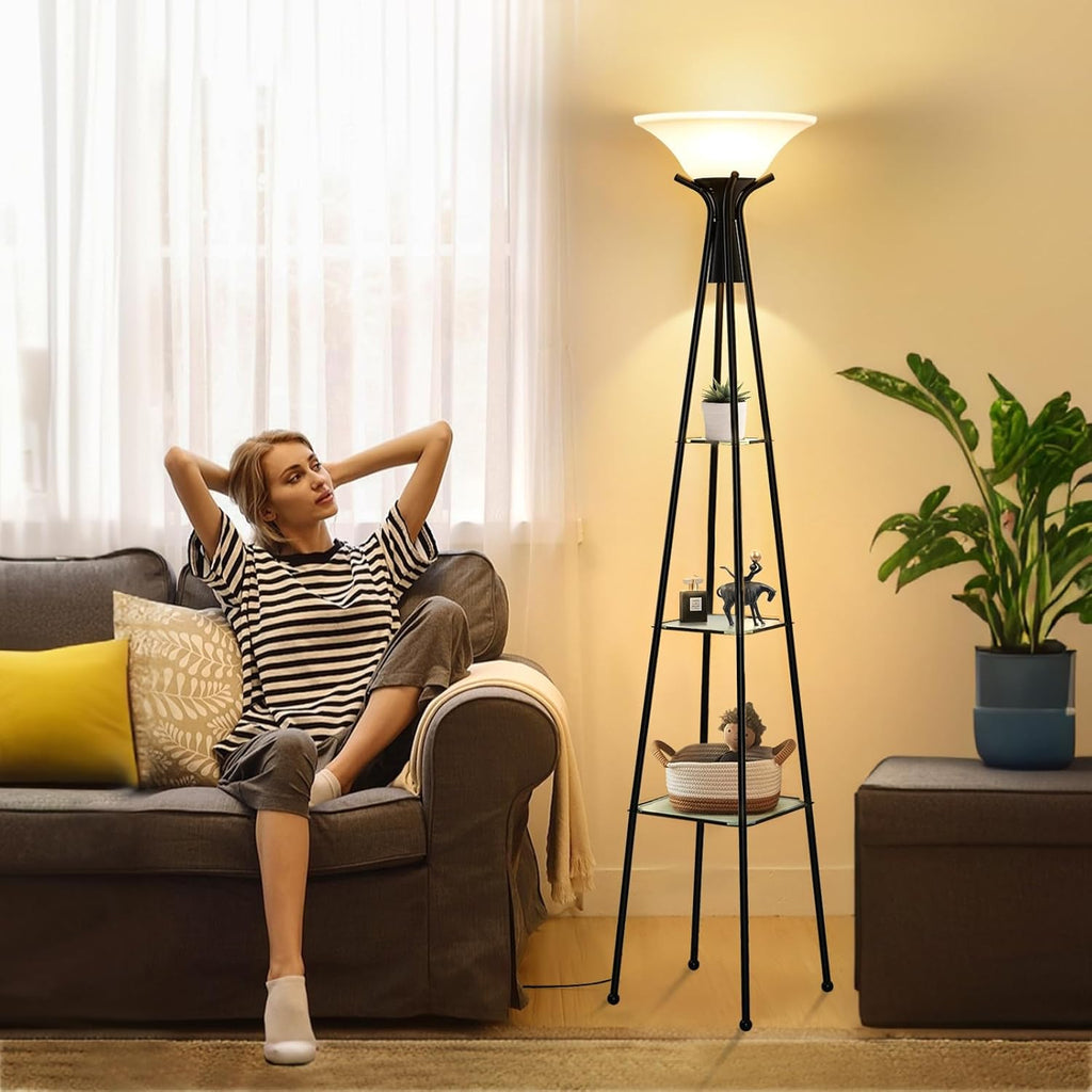 Floor Lamp with Shelves, 69” Tall Torchiere Floor Lamps, 3-Tier Glass Shelf Lamp