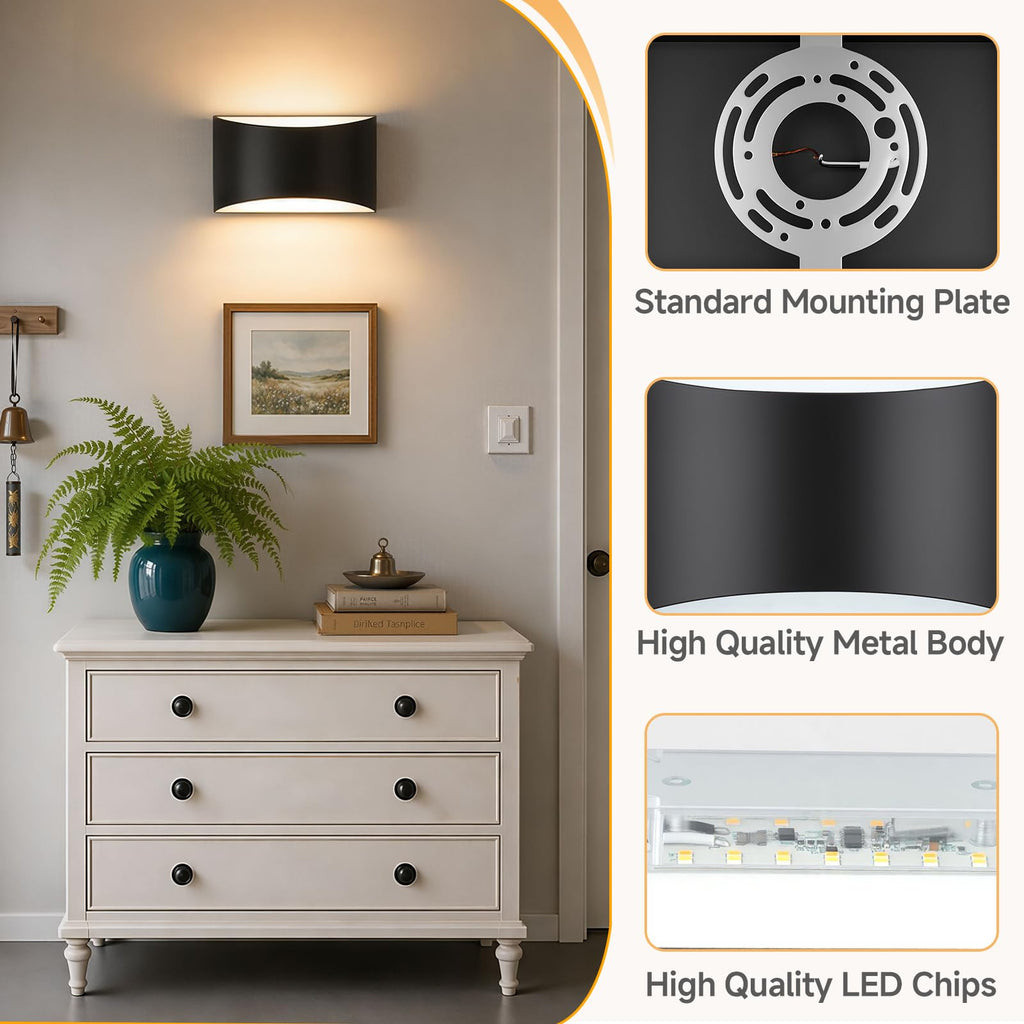 Modern LED Wall Sconce Set of 2, Black Indoor Wall Lights 3CCT