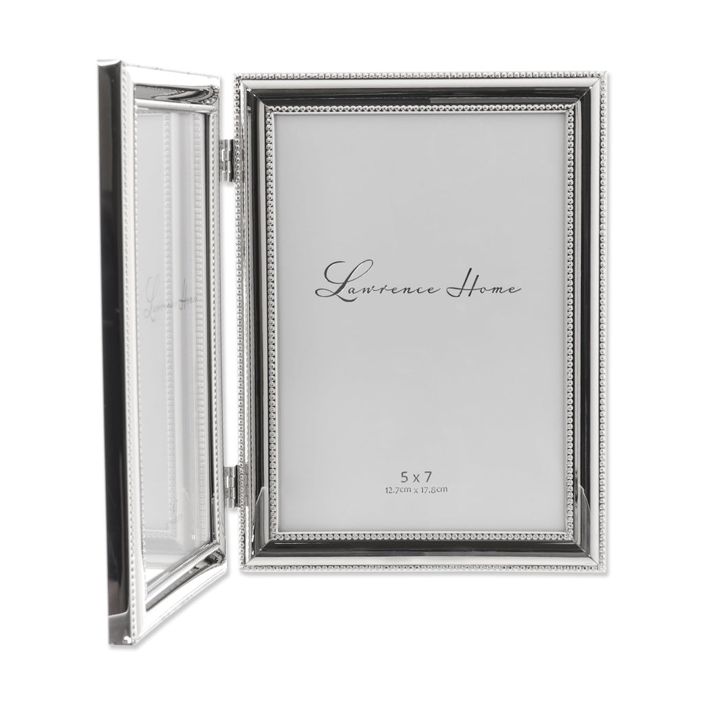 Hinged Double (Vertical) Metal Picture Frame Silver-Plate with Delicate Beading, 5 by 7-Inch