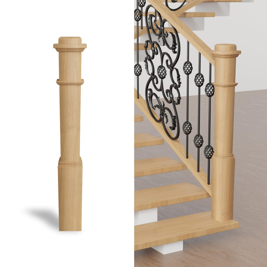 White Oak Box Newel Post 6.25" x 54.8", Hollow Box Newel Wood Balusters for Staircase Interior, Square Design, 3⁄4"