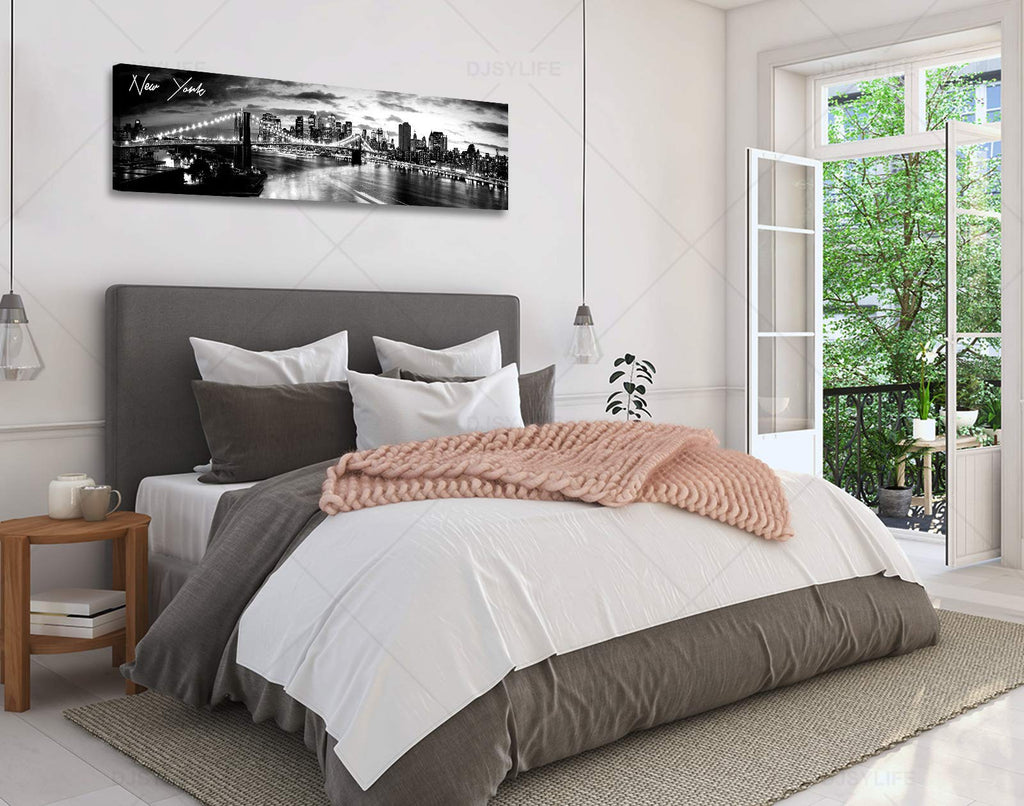 York Skyline Canvas Wall, B&W Brooklyn Bridge Print 13.8×47.3