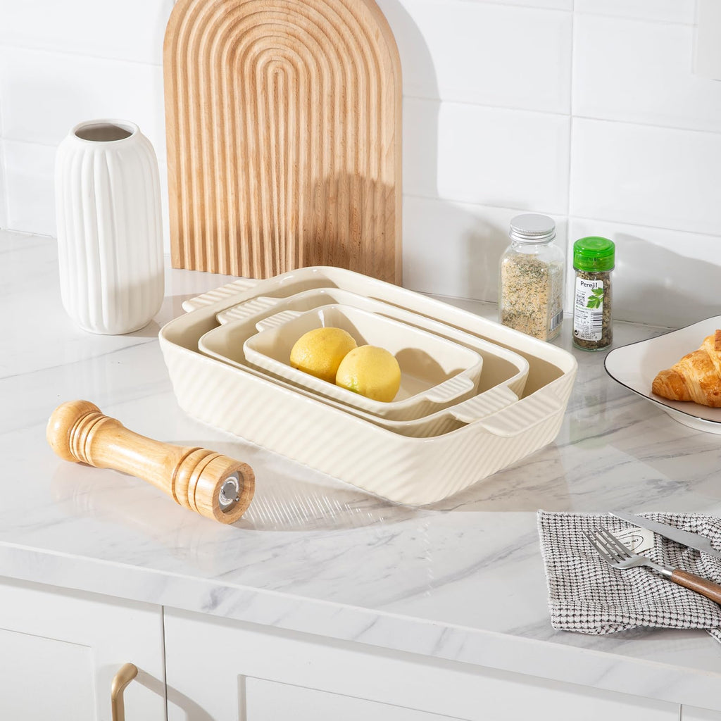 Ceramic Baking Dish Set, Cake Baking Dish for Brownie, Porcelain Striped Casserole Dishes for Oven with Handle for