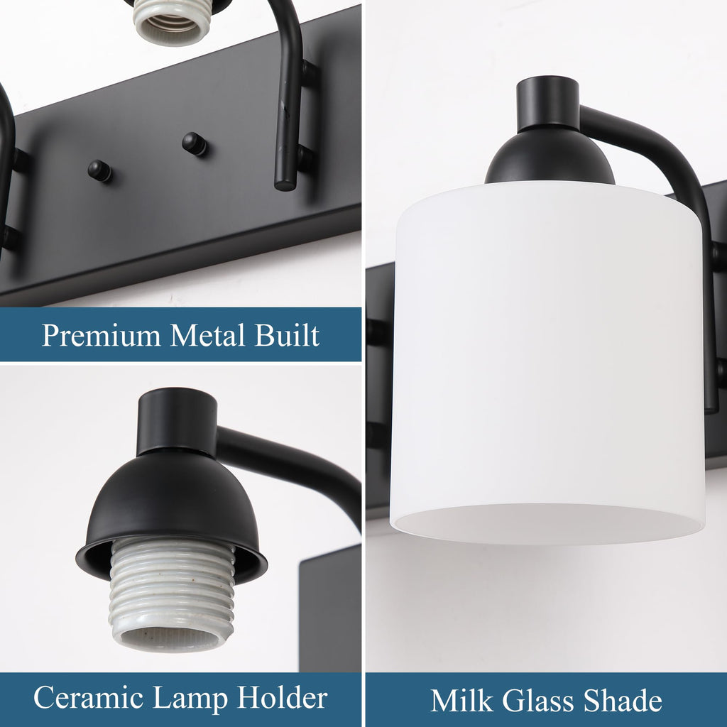 Milk Glass Vanity Lights, 2 Light Matte Black Bathroom Light Fixtures Over Mirror, Ceramic E26 Sockets Wall Mounted