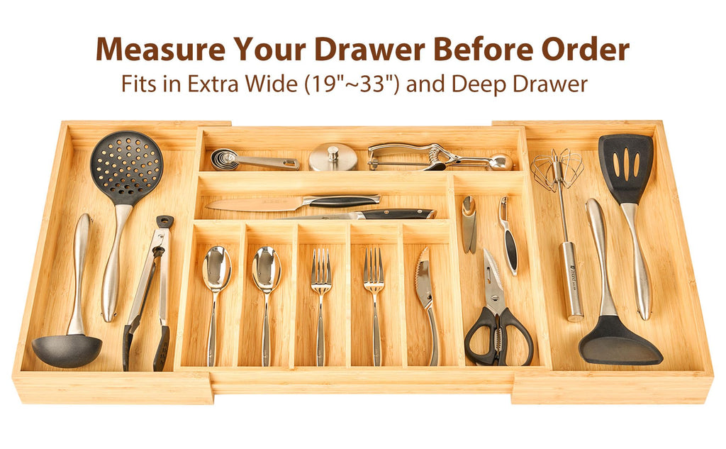 Extra Large Expandable Kitchen Siverware Utensils Drawer Organizer, 19" Deep for Big Drawer, Adjustable Bamboo Wood