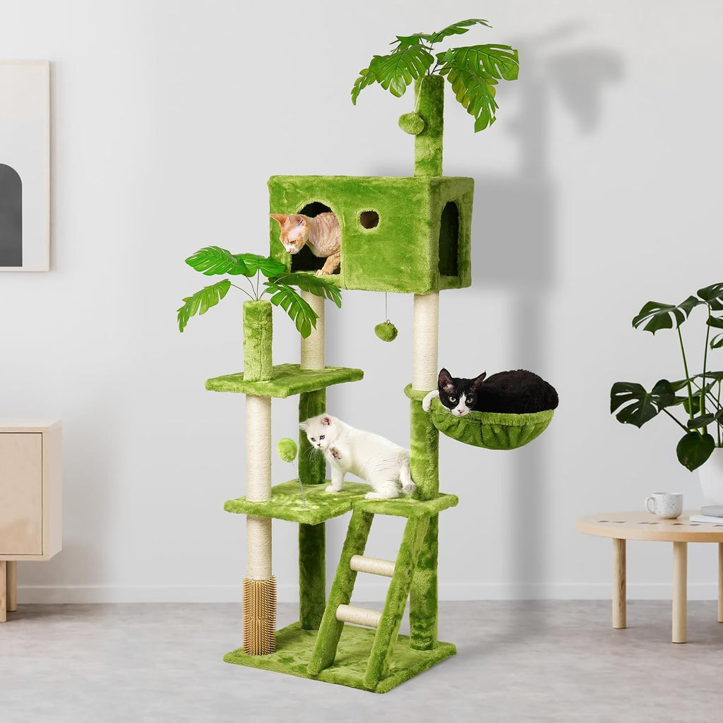 65in Tall Cat Tree with Leaves for Indoor Cats, Green Cat Tower with Scratching Post, Hanging Hammock, Cozy Perch, Swing