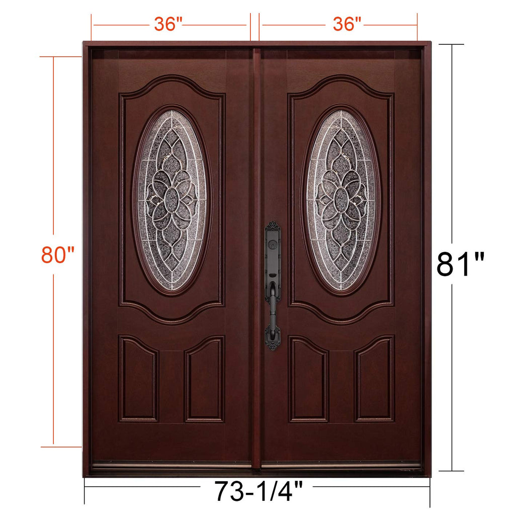 Fiberglass Double-Open Doors, Dark Mahogany Finish, Quick Install, Heavy Duty Entry (Left-Hand, 36"X36"X80")