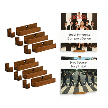 Vinyl Record Wall Mount - Pack of 6 Floating LP Album Display Holders | Pine Wood with Walnut Matte Finish | Easy