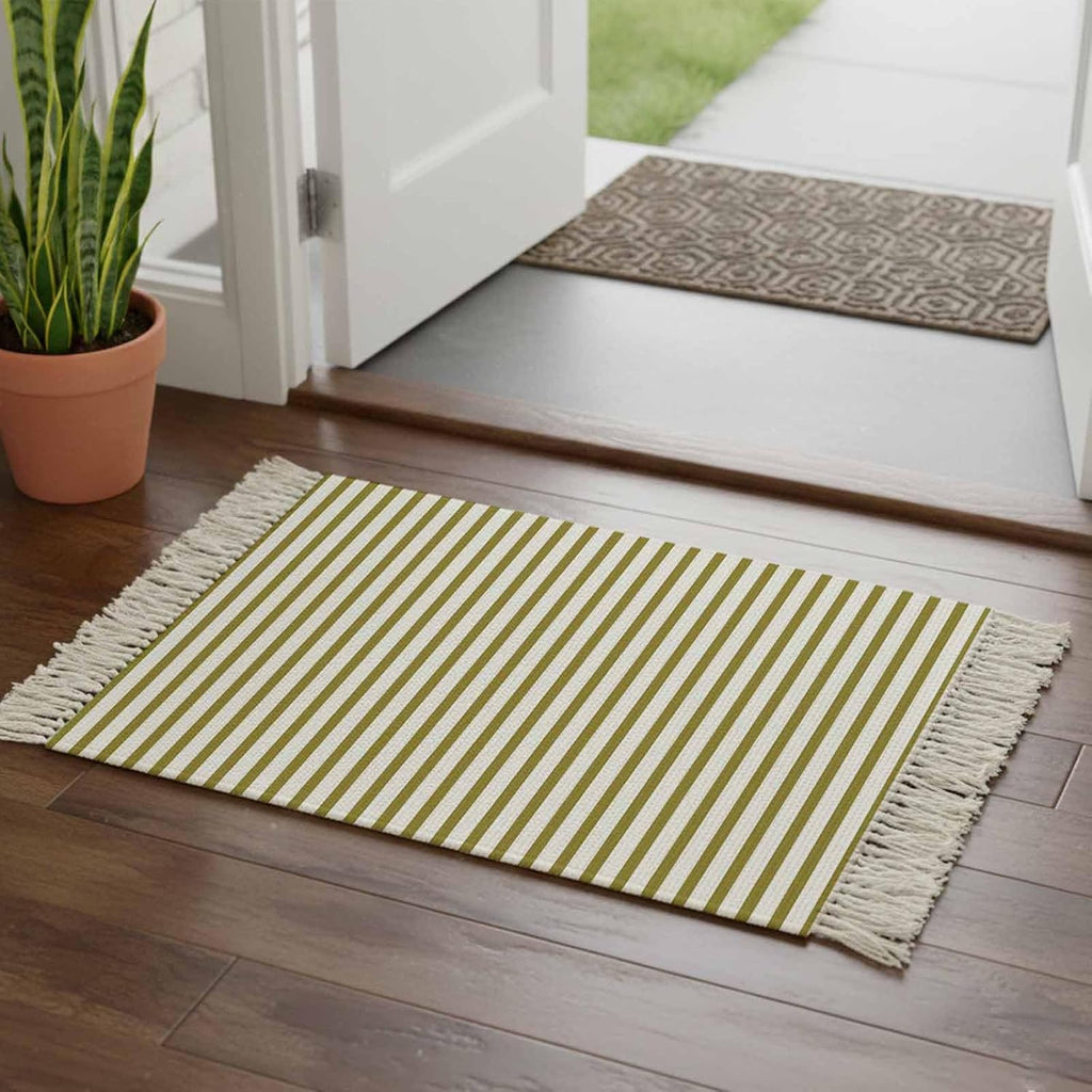 Minimalist Yellow Mustard Striped Runner Rug with Tassel Modern Art Vertical Line Print Entryway Rugs Washable