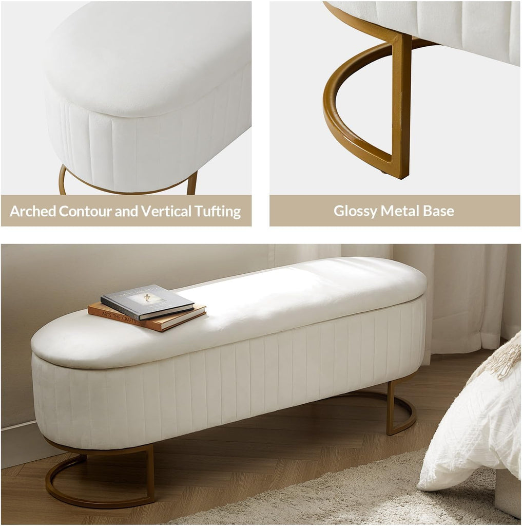 50.5" Velvet Storage Bench with Gold Legs, Modern End of Bed Bedroom Benches, Upholstered Flip Top Window Ottoman