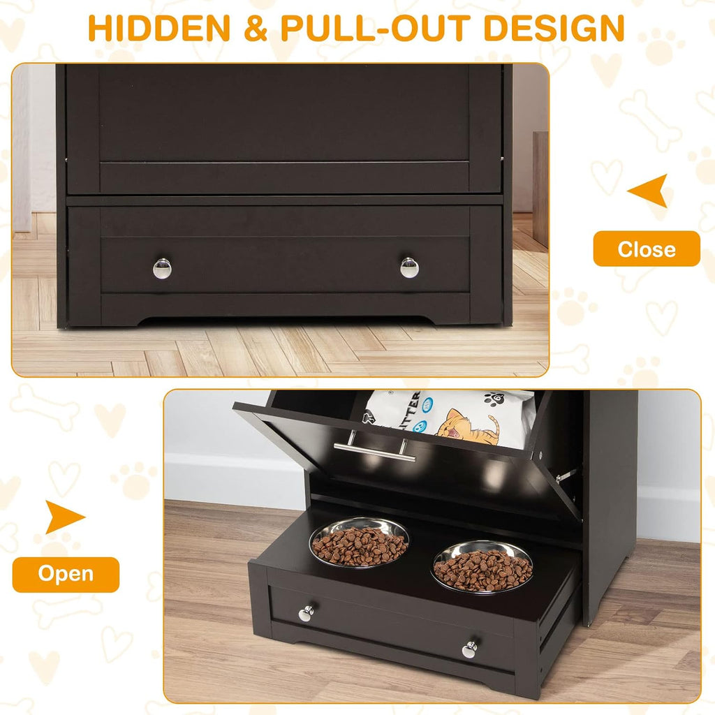 Pet Feeder Station, Dog Food Storage Container With Double Pull Out Bowls, Food Toy Organizer Cabinet, Feeding