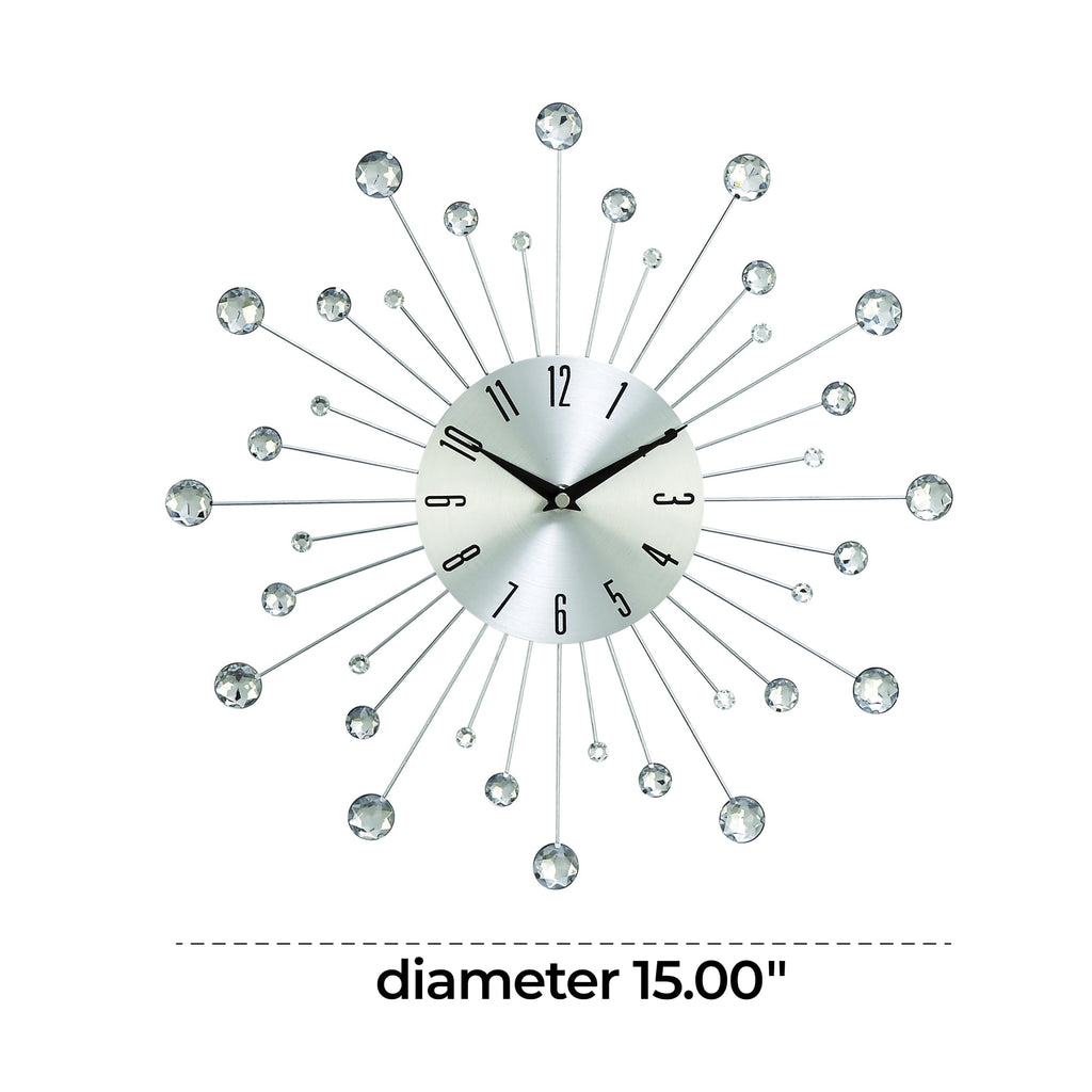 Metal Starburst Decorative Wall Clock With Crystal Accents and Room, 15" x 2" x 15", Silver