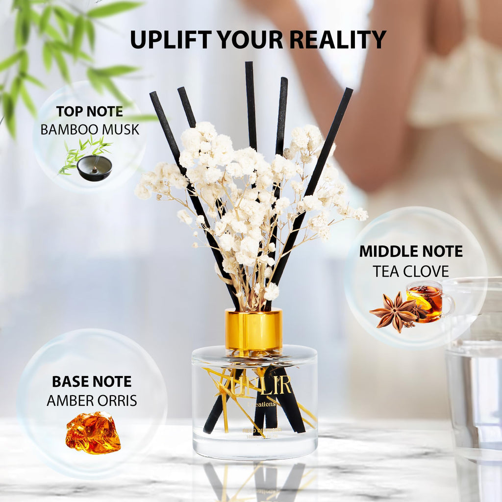 Flower Reed Diffusers with 1 Bamboo Double Essential Oil, 3.4 oz (100ml) - Elegant Reed Diffuser Set with 5 Sticks