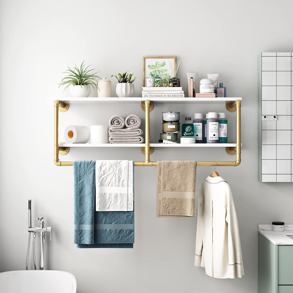 48'' Industrial Pipe Shelving Floating Wall Shelves 2 Tier Gold Shelves Multiple Use