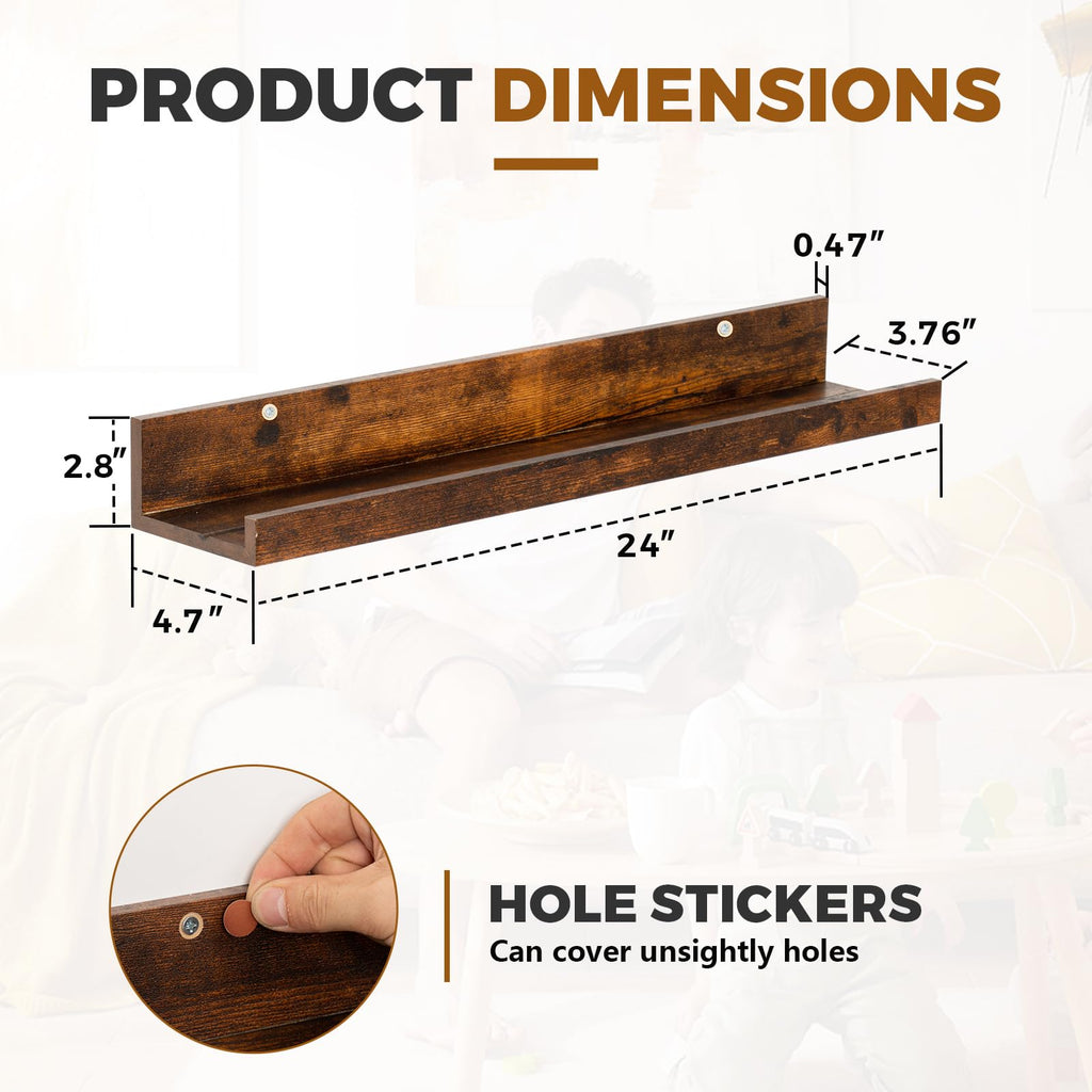 24" Wood Floating Shelves Wall Shelf with Lip, 2Pcs, Brown