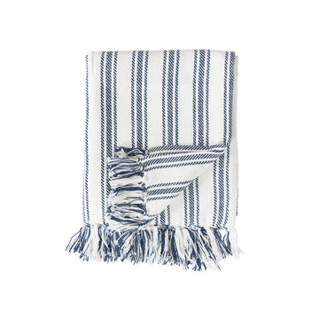 Ticking Stripe Navy Blue & White Cotton Throw Blanket 50" x 60"