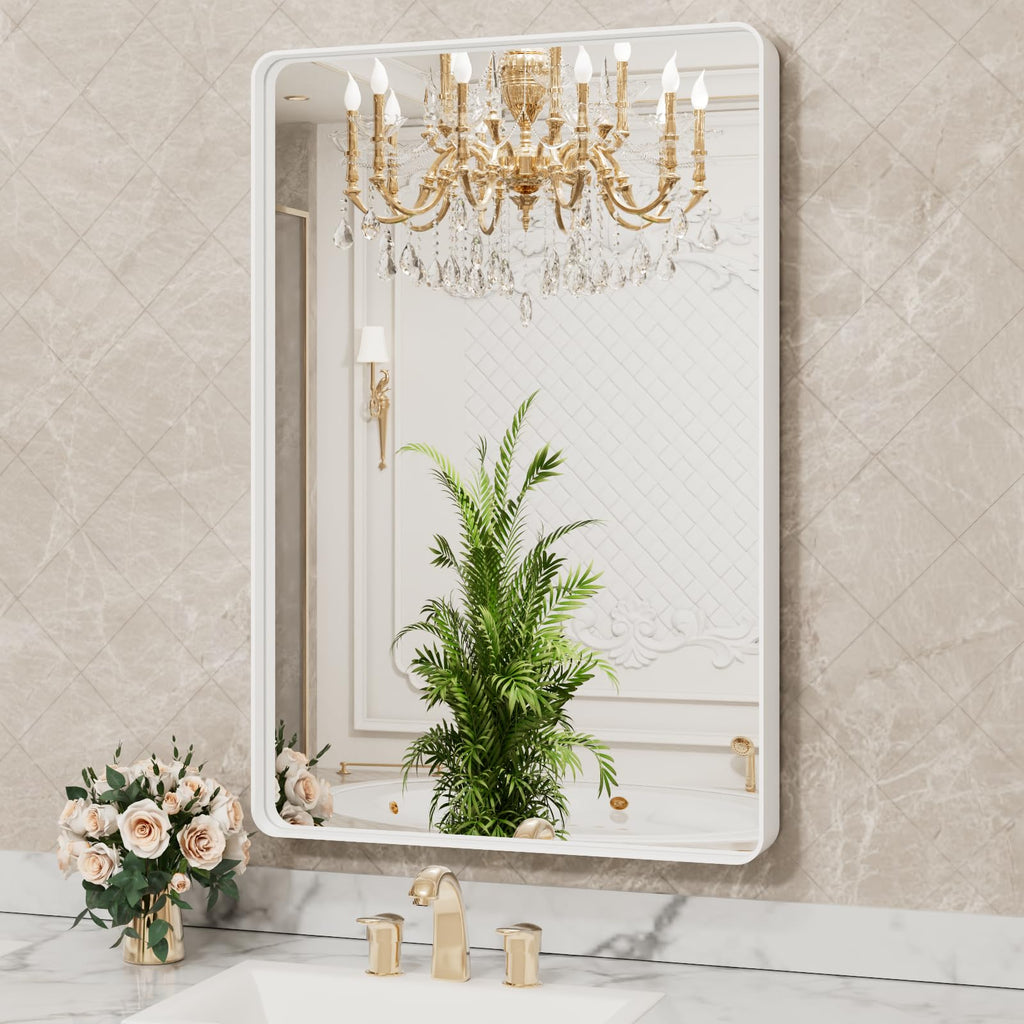 22x30 Inch White Metal Framed Bathroom Mirror for Wall, White Bathroom Vanity Mirror Farmhouse, Large Rounded