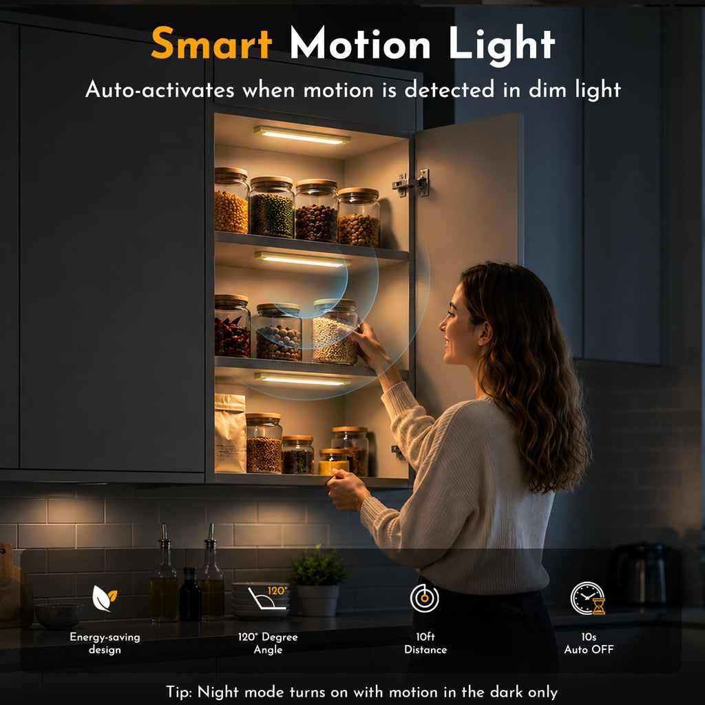 Motion Sensor Cabinet Light, Rechargeable, Dimmable, 4Pcs, 9in
