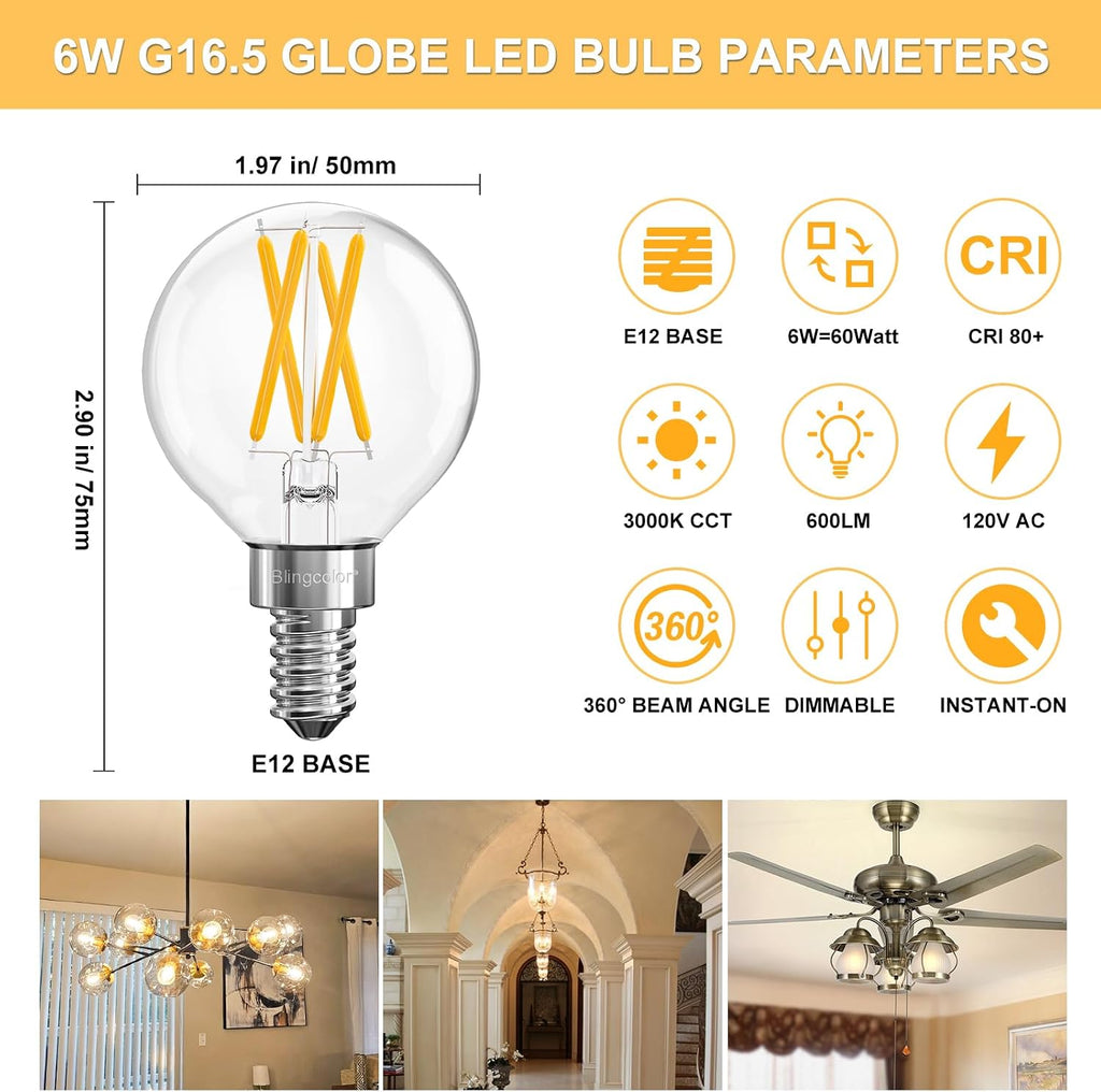 6 Pack E12 Dimmable G16.5 6W LED Candelabra Globe Light Bulbs 3000K