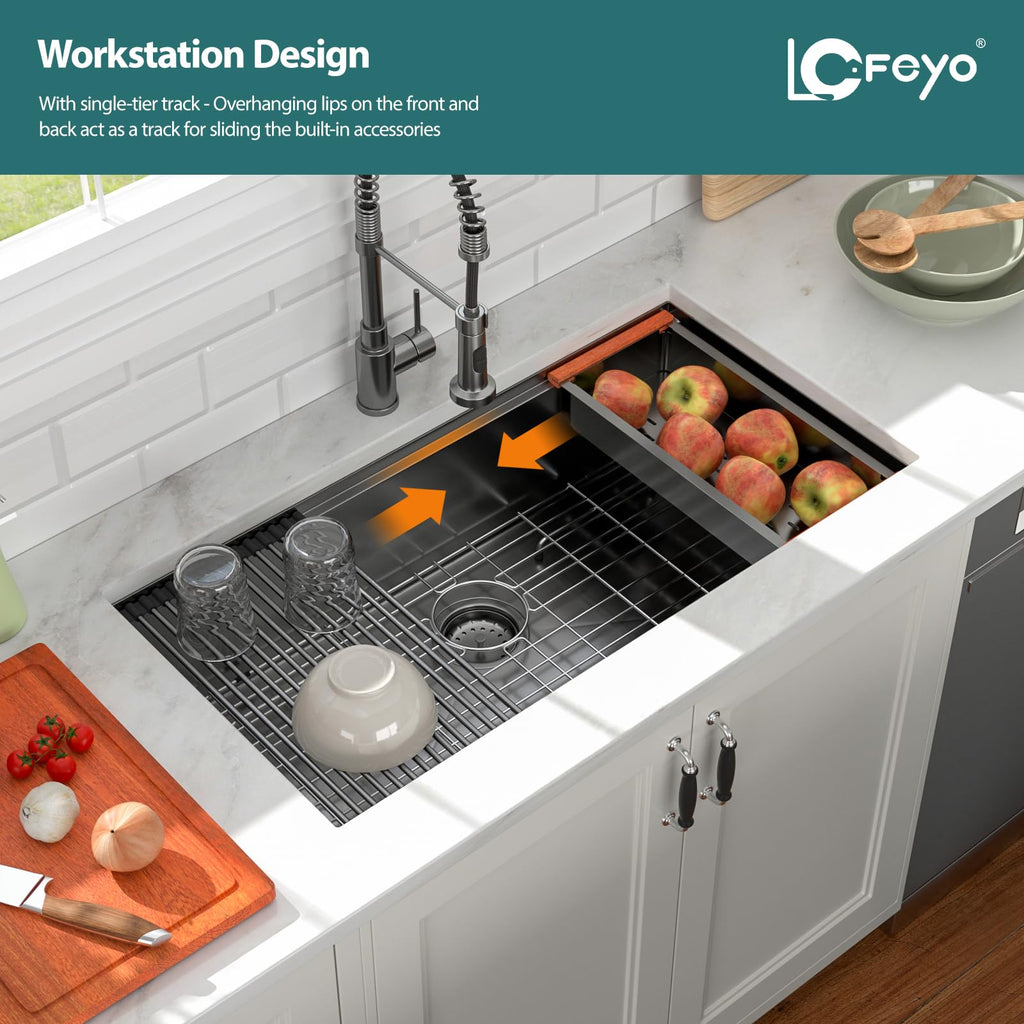 36x19 In Black Undermount Kitchen Sink Workstation Nano Coating 304 Stainless Steel 16 Gauge Handmade Under Counter