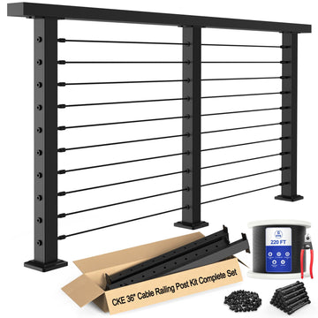 10ft-15ft Complete Set 36" Cable Railing Post Kit, 3Pack Black Level Drilled Line Posts(35"x2"x2"), Swageless Deck