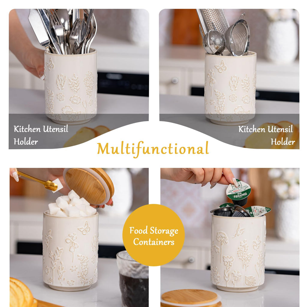 Embossed Ceramic Canister with Airtight Lid, 23oz Decorative Storage Jar for Coffee, Tea, Sugar, Flour & Cookies