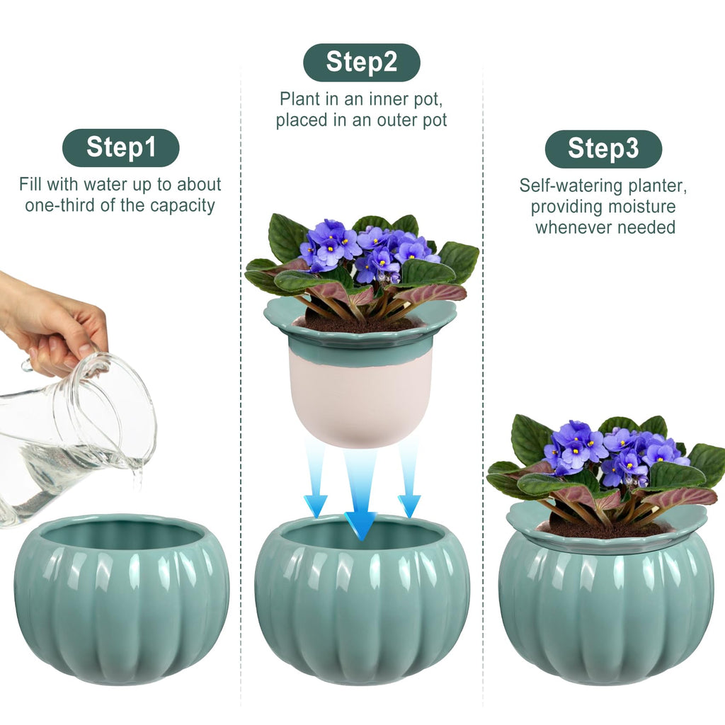 Self Watering African Violet Pot 6in Ceramic Planter-Blue