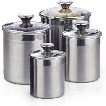 Classic Stainless Steel Food Jar Storage Canister Set Medium, Airtight Containers with Glass Lid for Tea Coffee Sugar